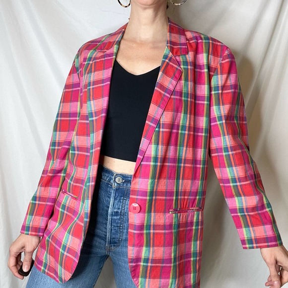 Vintage 90s rainbow plaid single breasted blazer oversized longline colorful M - Picture 14 of 17